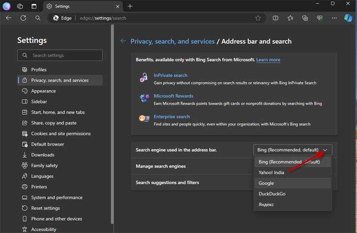 Change default search engine in Microsoft Edge for desktop