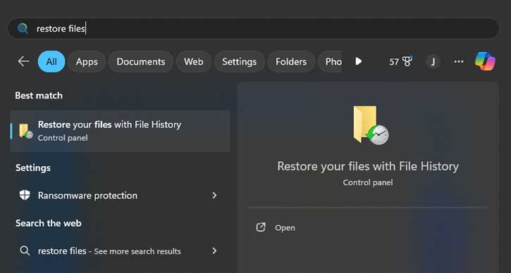 Restore missing files file history