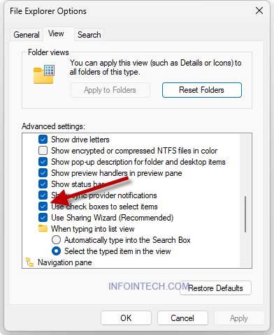 Enable check box to files and folders in Windows 11