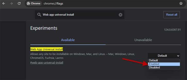 Enable Web App Universal Install feature in Chrome browser