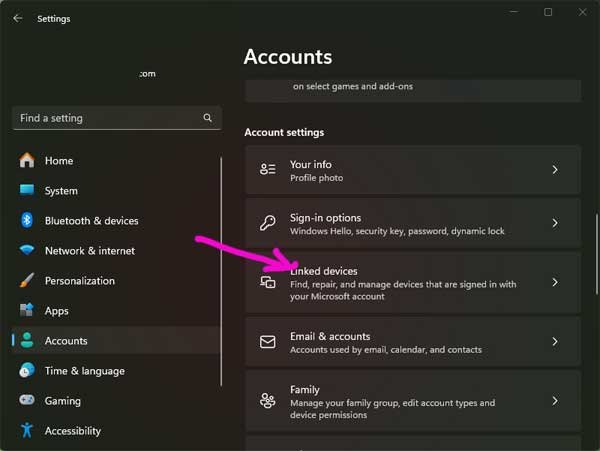 Linked Devices option in Windows 11 Settings