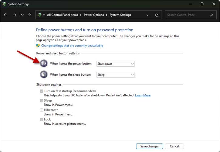 Set Shut Down option for Power button on Windows PC