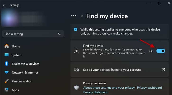 Enable Find My Device on Windows 11