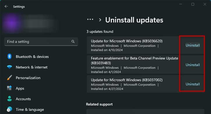 Uninstall update from your Windows 11 PC via Settings