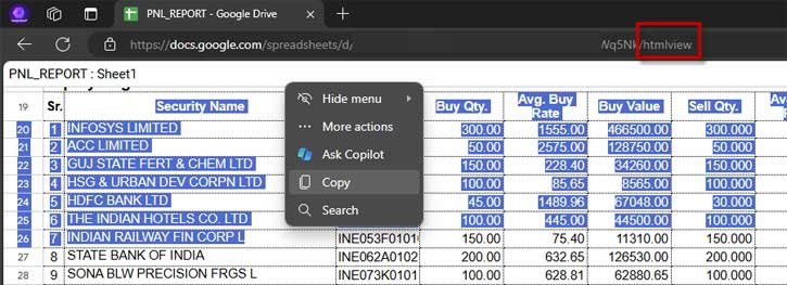 Copy data from a html view mode Google Sheets