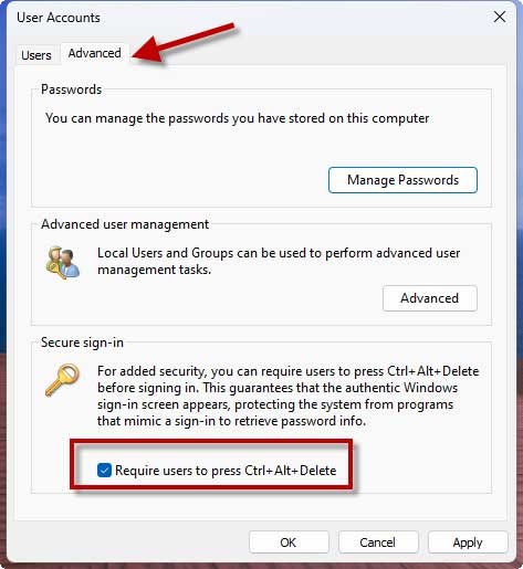 Enable Secure login in Windows 11 via User Account settings