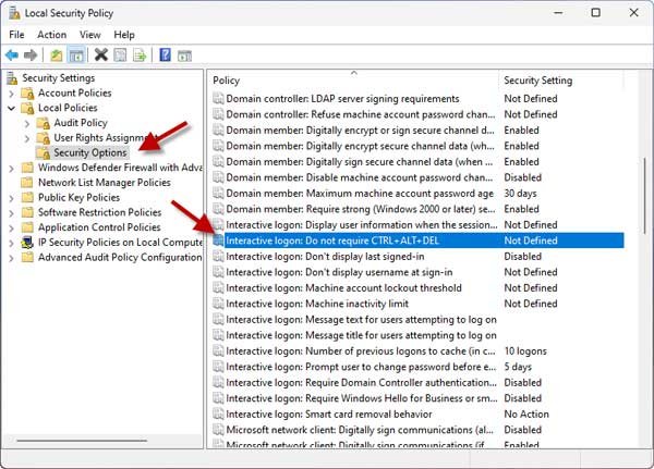 Enable secure login in Windows 11 via Local security policy.