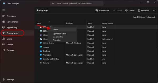 Disable startup apps in Windows 11 via Task manager