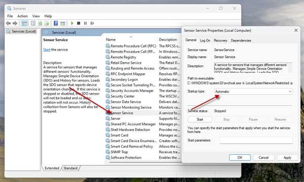 Fix Settings app crash in Windows 11 by enabling Sensor services