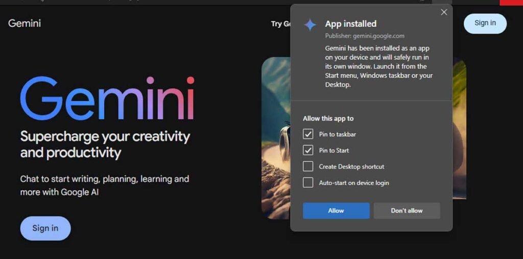 Install Google Gemini AI as an app in Windows 11