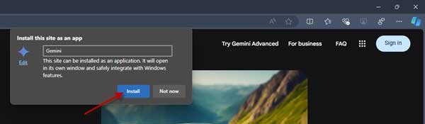 Install Gemini in Windows using Microsoft Edge