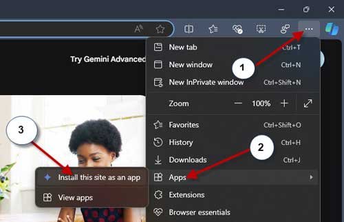 Install Google Gemini as an app in Windows using Edge