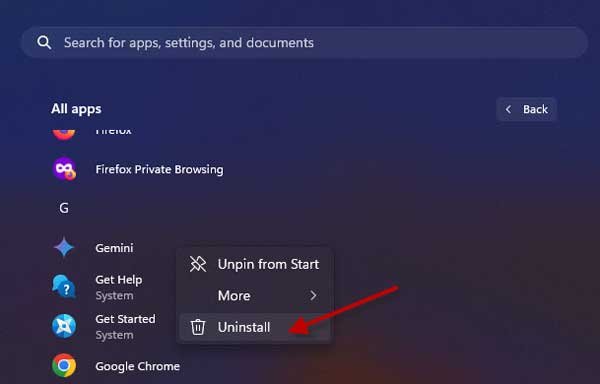 Uninstall Gemini app from Windows 11