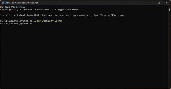 DnsClientCache PowerShell command to clear DNS cache in Windows 11
