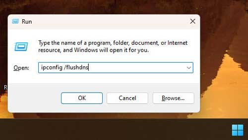 Using Run Command box to clear DNS cache in Windows 11