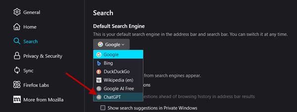 Enable ChatGPT Search default in Firefox browser