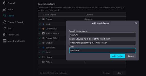 Make ChatGPT Search default search engine in Firefox