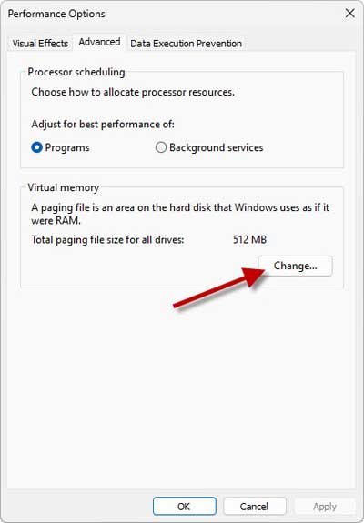 Change virtual memory size in Windows 11