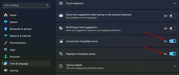 Enable spell check and autocorrect features in Windows 11