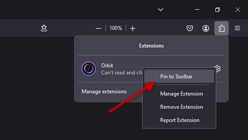 Pin Orbit AI to Firefox' toolbar