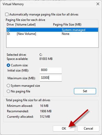 Set virtual memory size in Windows 11