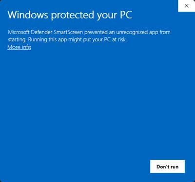 Windows protect your PC warning on Windows 11