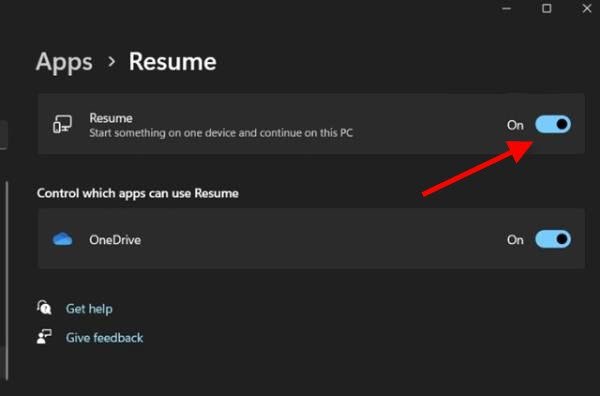 Enable Resume feature in Windows 11