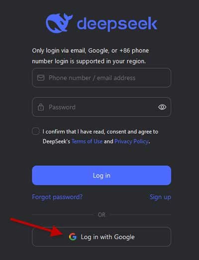 Sign up DeepSeek using Google account