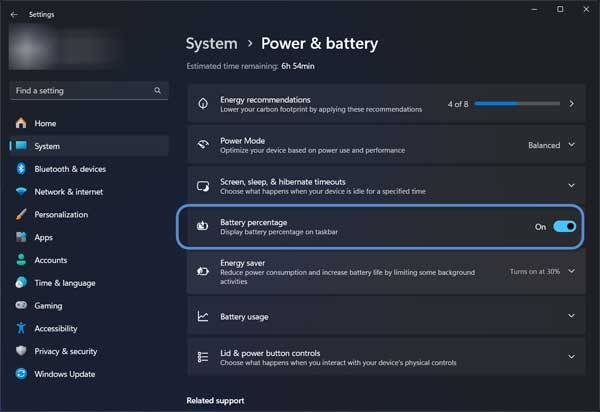 Enable battery percentage on Windows 11 laptop