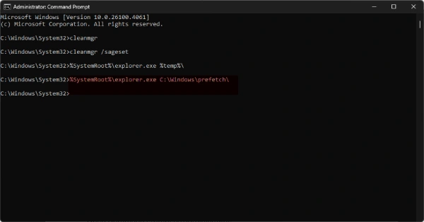 Command to clean prefetch files in Windows 11