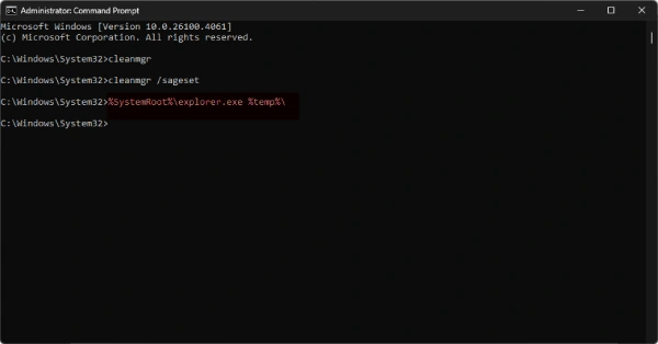 Command to clean temporary files in Windows 11