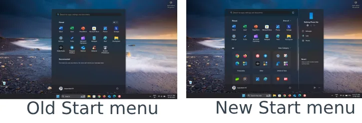 Old and new Start menu of Windows 11