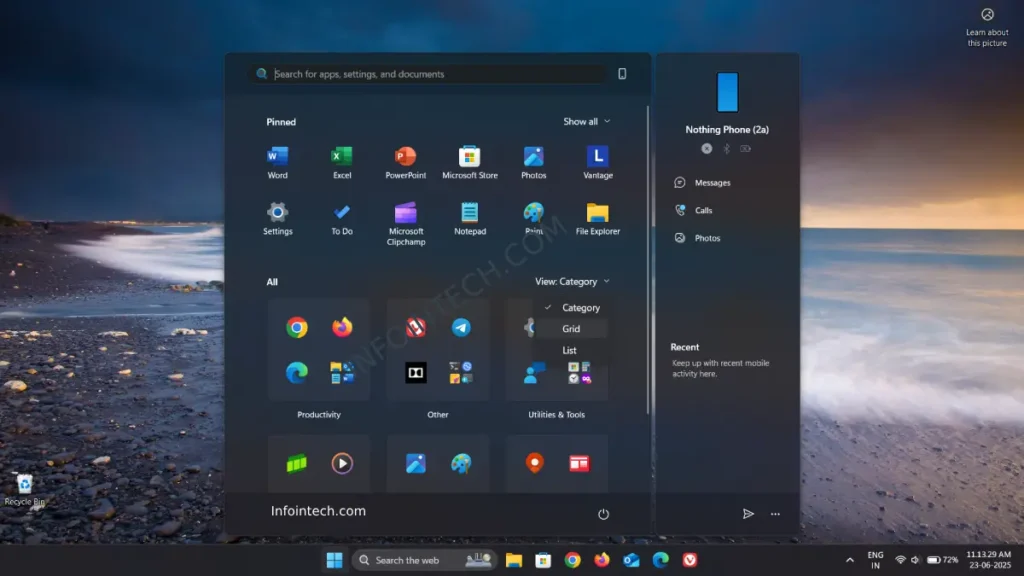 Redesigned Start menu in Windows 11
