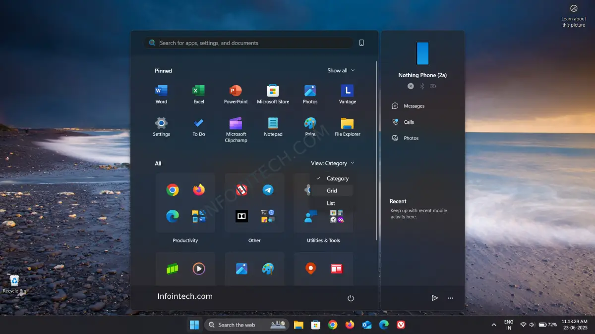 Redesigned Start menu in Windows 11