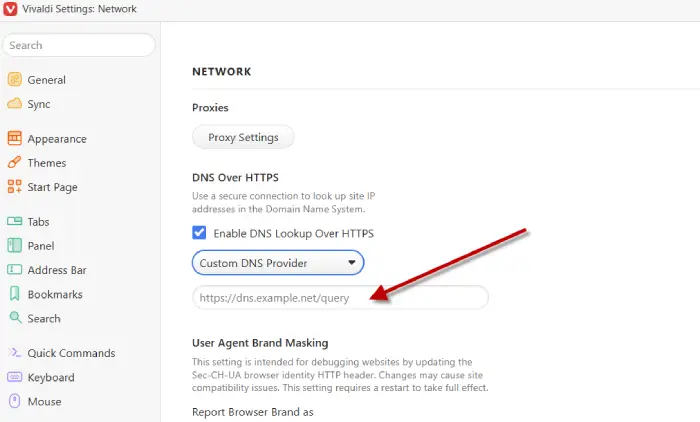 Change custom DNS server in Vivaldi browser