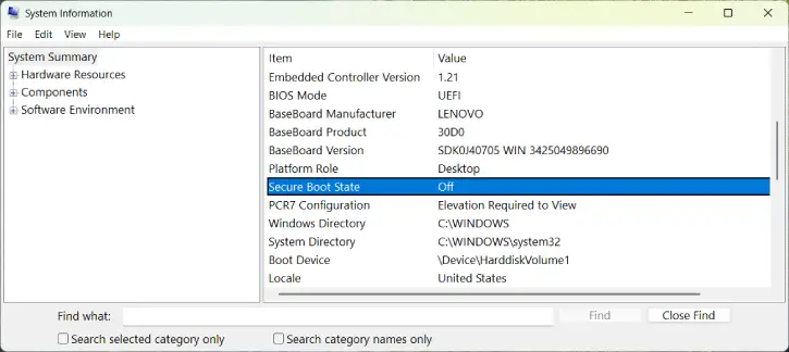 Secure Boot state in Windows 11