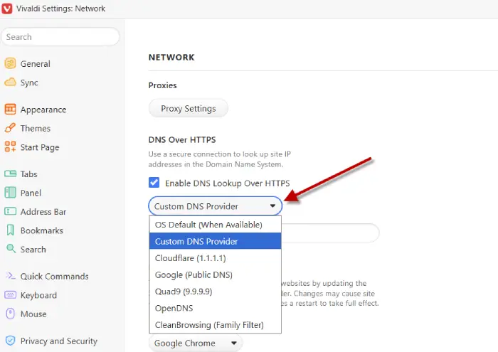 Use custom DNS server in Vivaldi browser