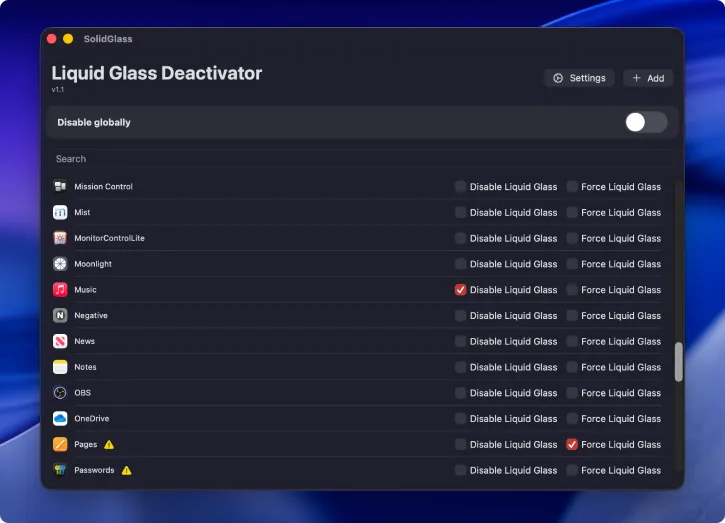 Use SolidGlass to disable Liquid Glass effect in macOS Tahoe