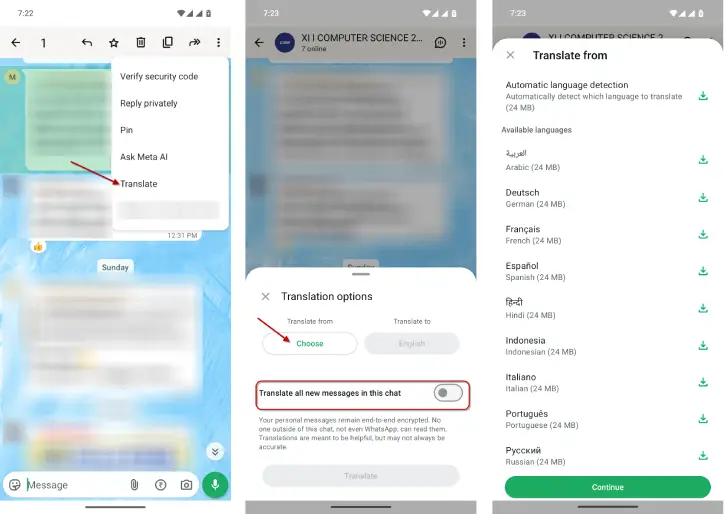 How to use the WhatsApp message translation feature