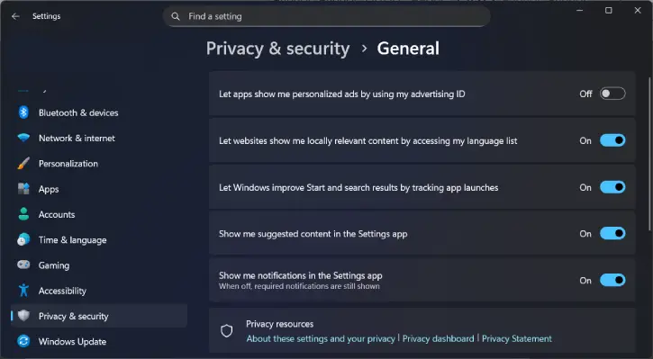 Privacy & security — Turn off personalization and ad IDs