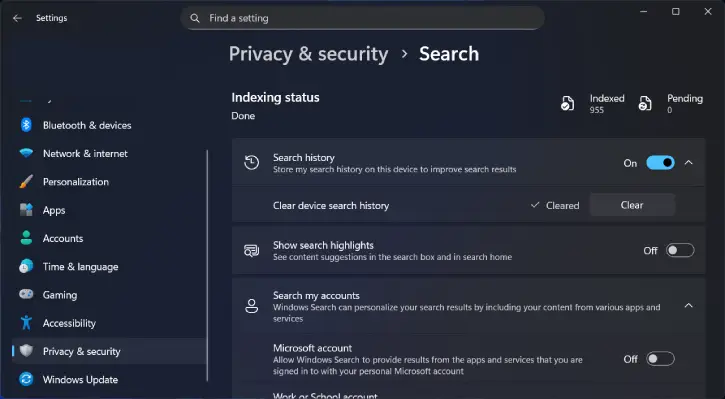 Search — Remove personalized suggestions and history