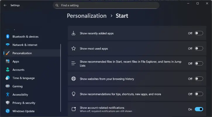 Start menu — Remove recommendations and recent items