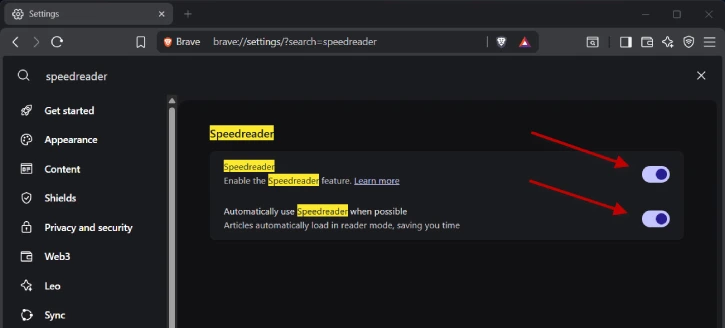 Enable Reader Mode in Brave