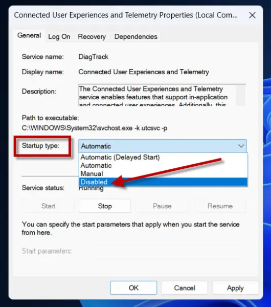 Disable the Connected User Experience and Telemetry Service in Windows 11