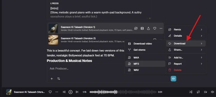 Download music or video gnertaed by Producer AI
