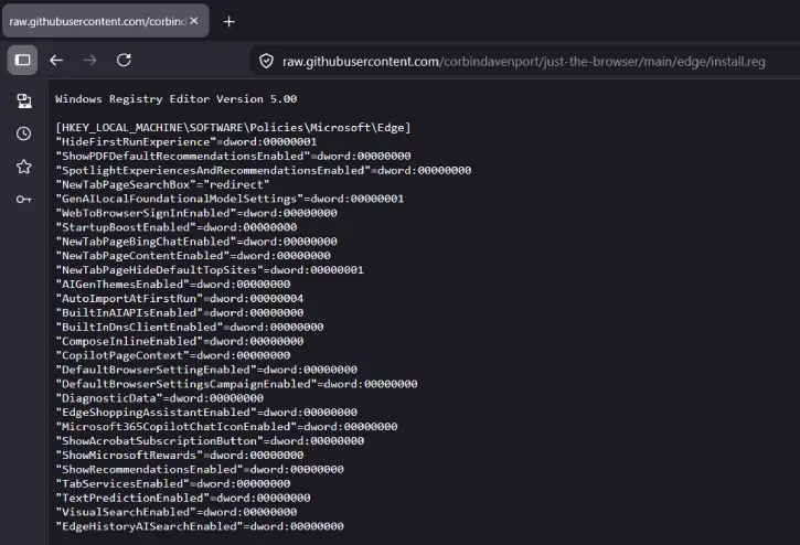 Registry file to block AI from Edge browser