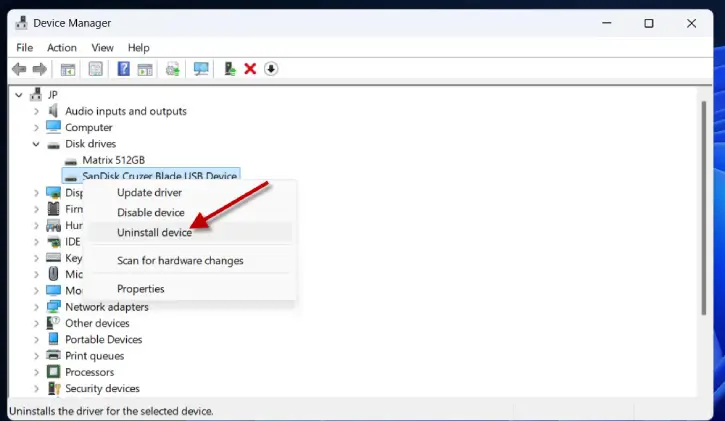 Uninstall driver files from Device Manager