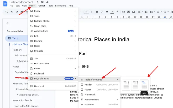Inseart clickable TOC in Google Docs