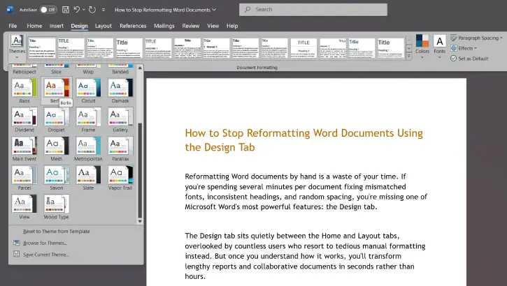 Design tab in Microsoft Word