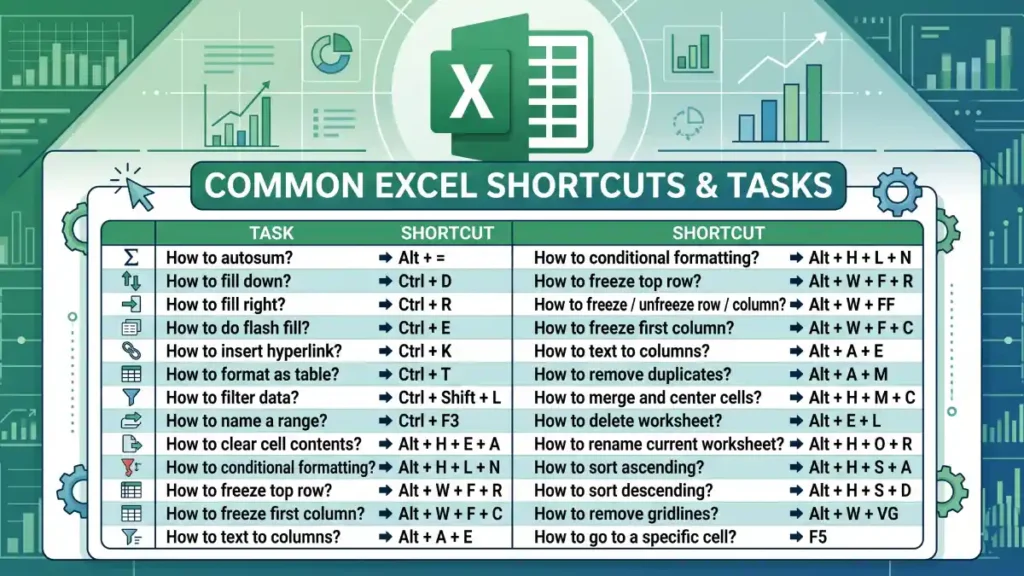 Excel shortcuts and tasks
